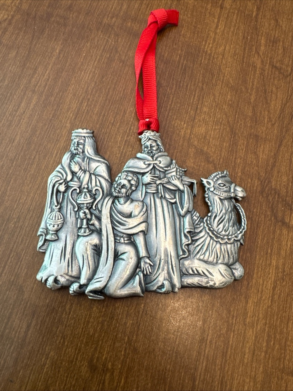 Pewter Three Kings Nativity Ornament with Red Ribbon